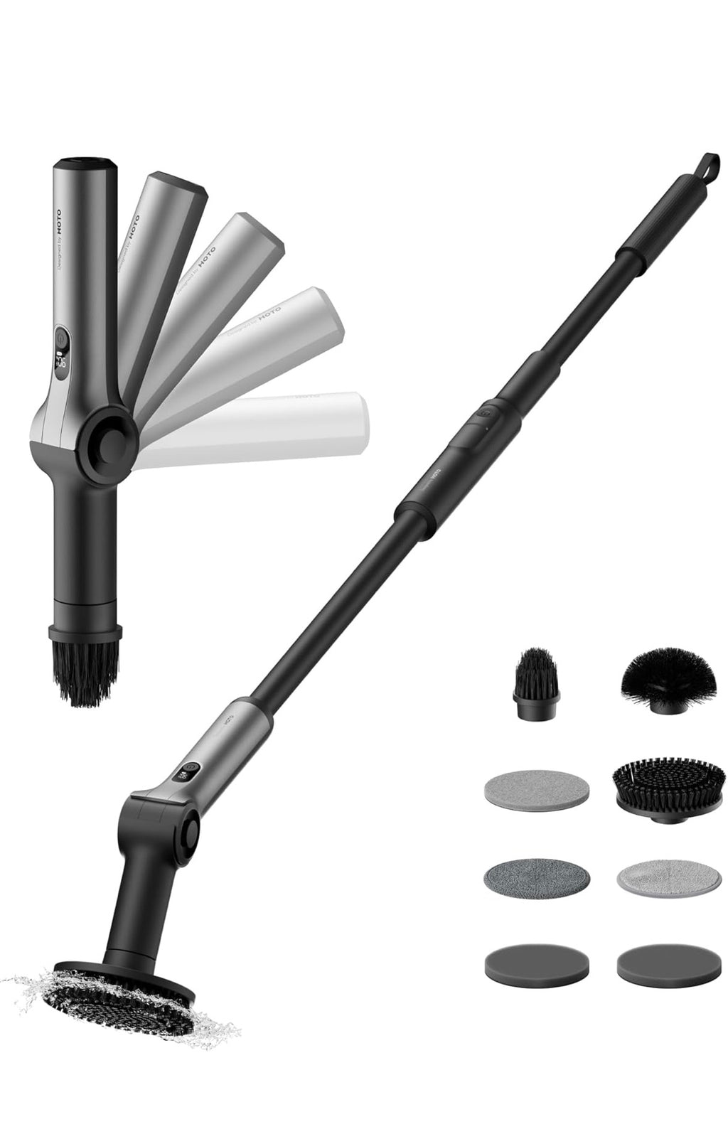 HOTO Flexi™ Cordless Electric Spin Scrubber, Adjustable Angle, Extendable Handle, Smart Display, IPX7 Waterproof, Powerful Cleaning Scrubber with 8 Replaceable Brush Heads, for Bathtub, Bathroom, Tile