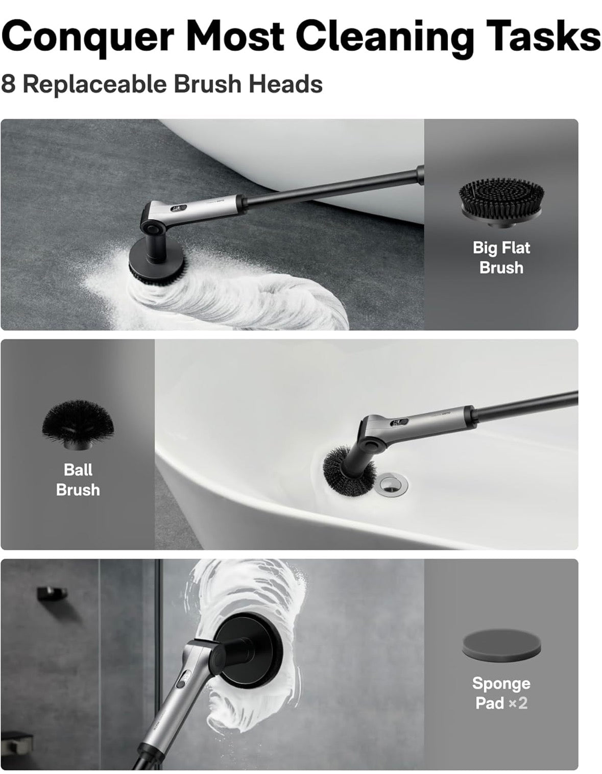 HOTO Flexi™ Cordless Electric Spin Scrubber, Adjustable Angle, Extendable Handle, Smart Display, IPX7 Waterproof, Powerful Cleaning Scrubber with 8 Replaceable Brush Heads, for Bathtub, Bathroom, Tile