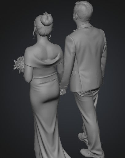 Gray 3D model of a bride and groom holding hands on a black background